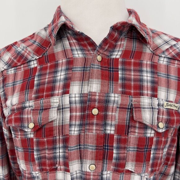 Lucky Brand Mens Snap Up Red Plaid Cotton Western Shirt L Large - Picture 1 of 7